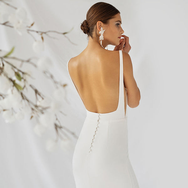 Simple Stretch Bateau Neck Crepe Mermaid Wedding Dress Open Back Bridal Gowns