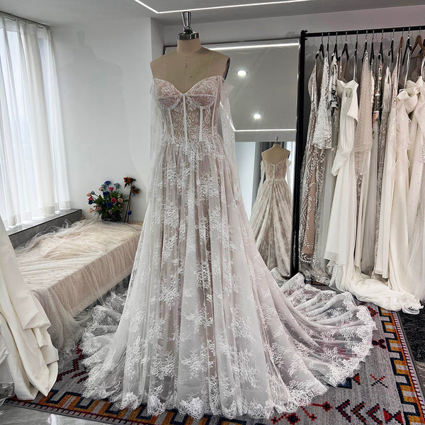 Classic Lace Off Shoulder Long Sleeves Wedding Dresses Basque Waist Bridal Gowns