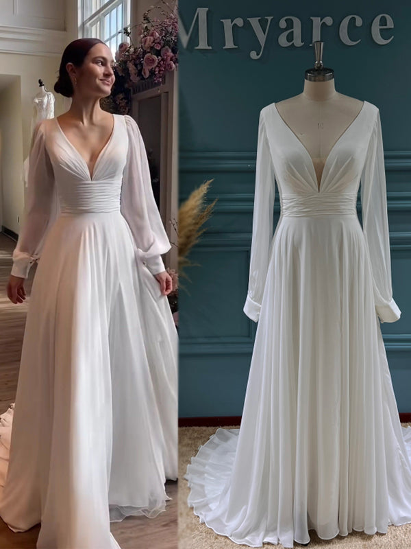 Classic Elegant Chiffon A Line Wedding Dress V Neck Long Sleeves Side Slit Bridal Gowns