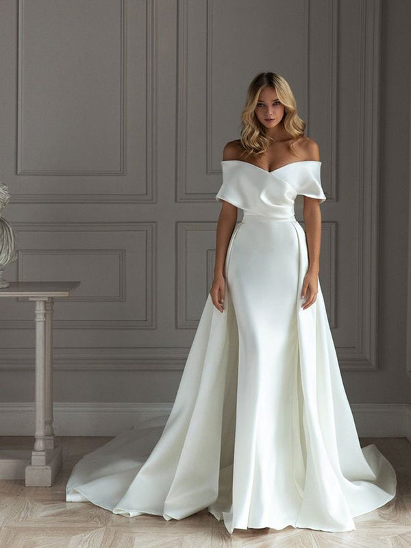 Off The Shoulder Crepe Wedding Dress Detachable Overskirt Simple Classic Bridal Gowns