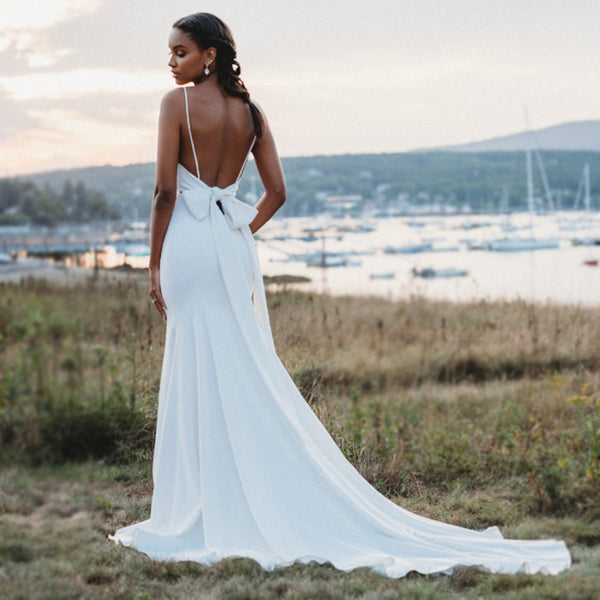 Elegant Crepe Mermaid Wedding Dresses Amazing Bow Open Back Flexible Bridal Gowns