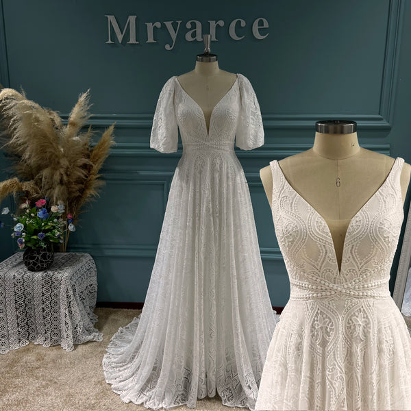 Detachable Statement Sleeves Plunging Neck Open Back Lace Wedding Dress Bridal Gowns