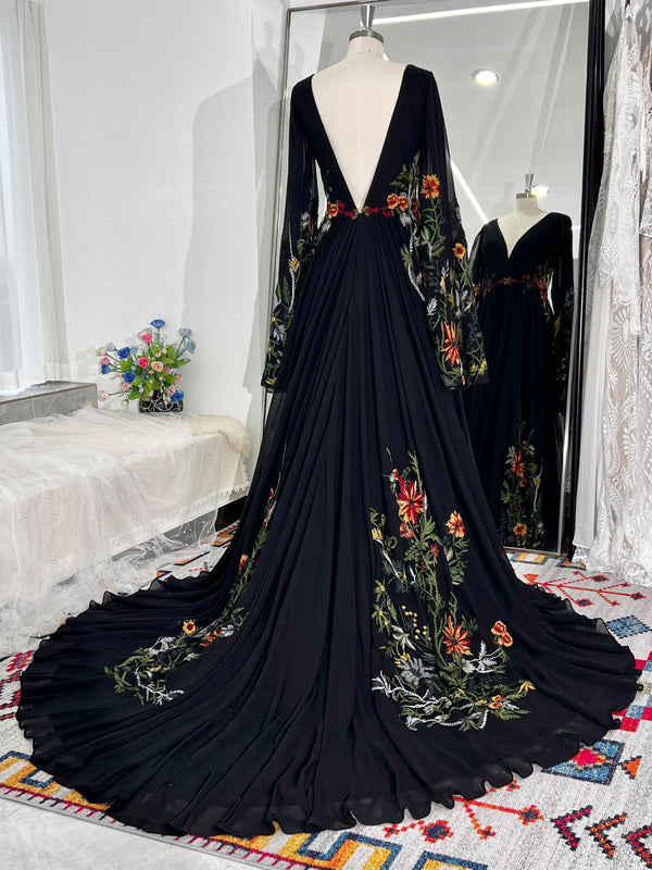 Black Wedding Dress Colored Floral Embroidery Forest Woodland Bohemian Bridal Gowns