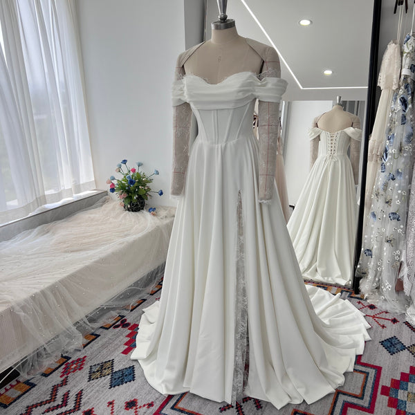 Classic Detachable Lace Off Shoulder Long Sleeves A Line Side Slit Bridal Gowns