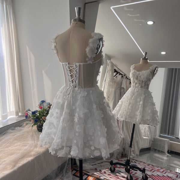 3D Lace Flowers White Mini Bridal Dresses Spaghetti Strap Short Dress Bridal Part Gowns