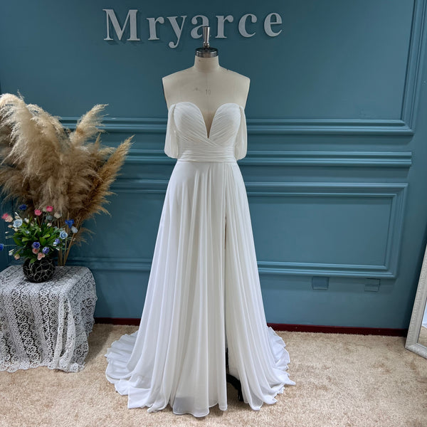 Off Shoulder Straps Sex V Neck Classic Chiffon Open Leg Beach Wedding Dress Bridal Gowns