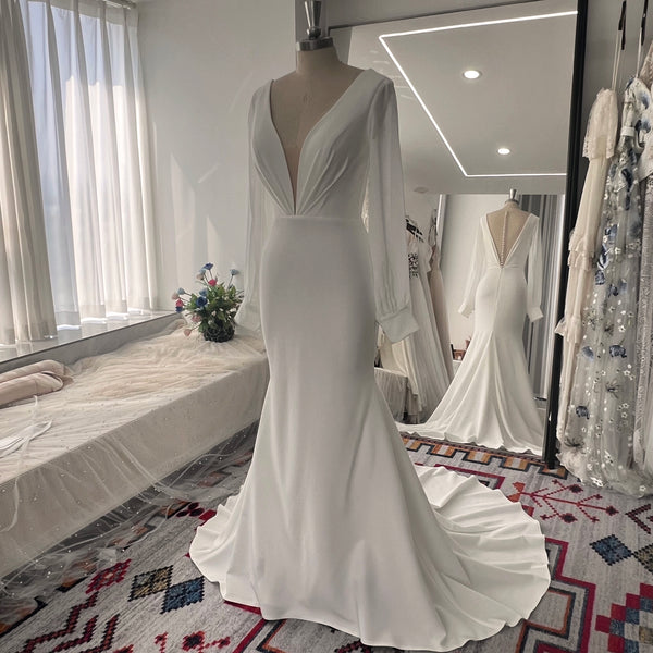 Minimalist Stretch Mermaid Wedding Dress Plunging Neck Bridal Gown  Bishop Chiffon Sleeves