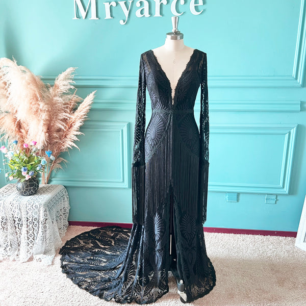 Black Wedding Dresses Plunging V Neck Lace Tassels Sleeves Hippie Style Bohemian Bridal Gowns