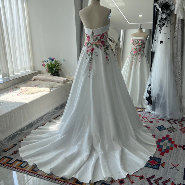 Pearls Tulle Colored Embroidery A Line Wedding Gown Detachable Sleeves