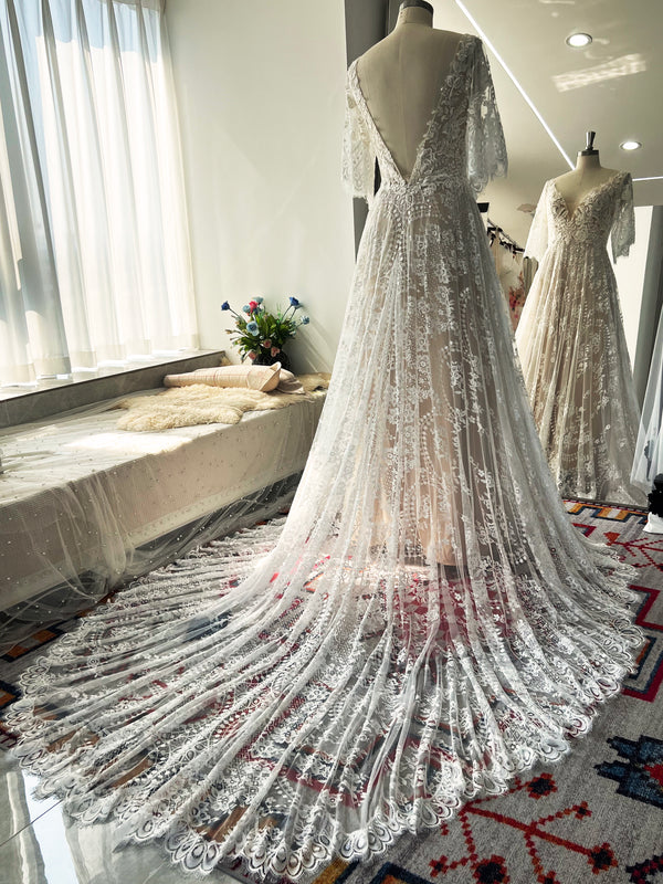 A-line V-neck Court Train Lace Bohemian Wedding Dress With Butterfly Sleeves