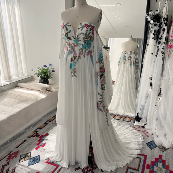 Colored Embroidered Long Detachable Sleeves Chiffon A Line Wedding Dress