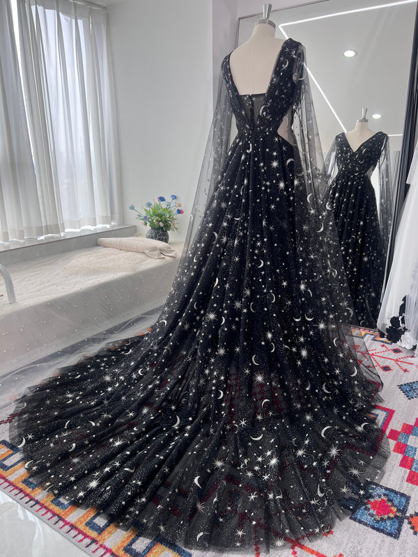 Stardust Glitter Tulle A-line Black Wedding Dress With Star and Moon