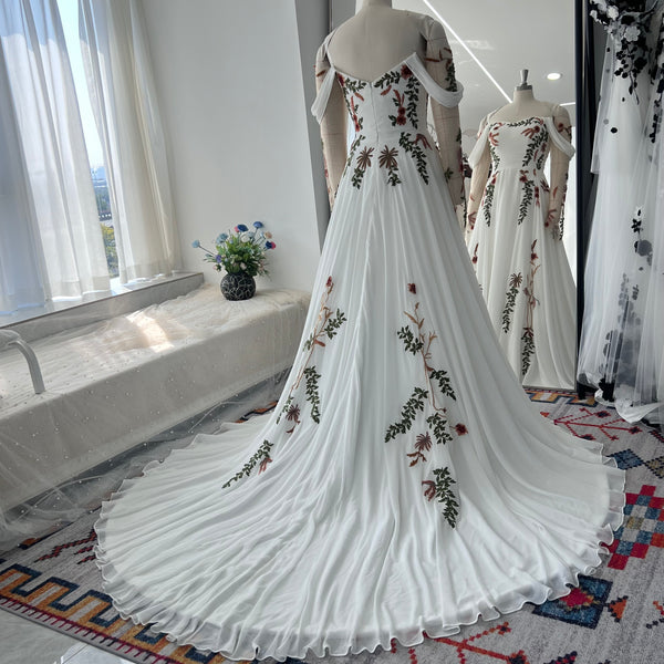 Chiffon A-line Juniper Colored Embroidered Autumn Wedding Dress Off Shoulder Sleeves