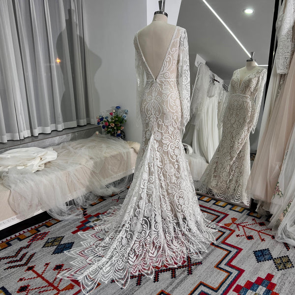 Bohemian Wedding Dresses Lace Long Sleeves Plunging Neck Bridal Gowns
