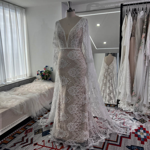 Fit And Flare Plunging Neck Plus Size Lace Wedding Dress With Flutter Sleeves