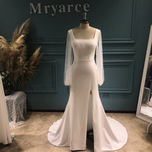 Elegant Square Neck Stretch Crepe Wedding Dress Long Pearls Sleeves Open Leg Bridal Gown