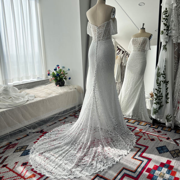 Elegance Lace Pleated Bodice Wedding Dresses Off Shoulder Straps Flexible Mermaid Bridal Gowns