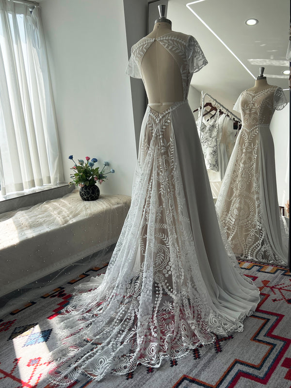 A Line Embroidered Lace Chiffon Bohemian Wedding Dress With Short Sleeves