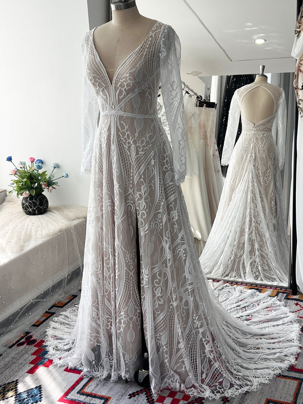 Lace A Line V Neck Open Back Bohemian Wedding Dress With Removable Sleeves