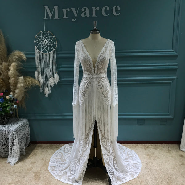 Unique Bride Wedding Dress Tassel Lace Fringe Boho Sleeves Bohemian Bridal Gowns