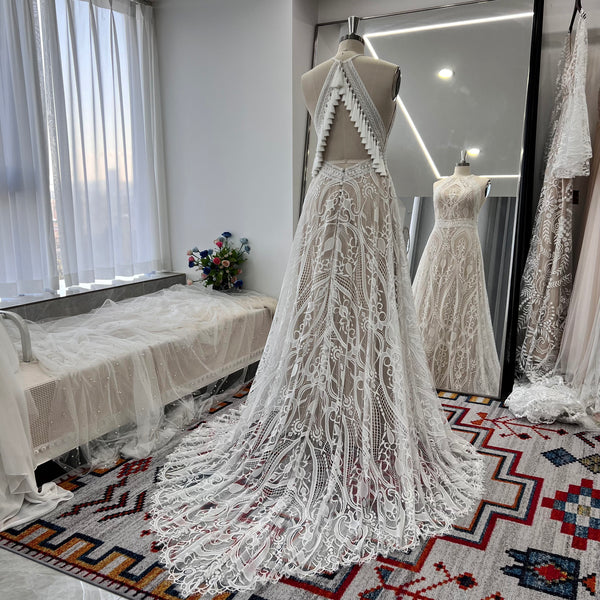 Boho Trends Halter Lace Wedding Dresses With Tassels  A Line Bohemian Bridal Gowns