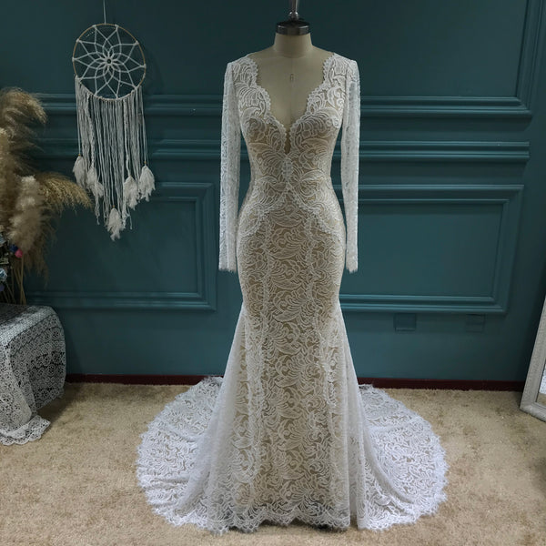Plunging Neck Stretch Lace Long Sleeves Mermaid Flexible Bridal Gowns