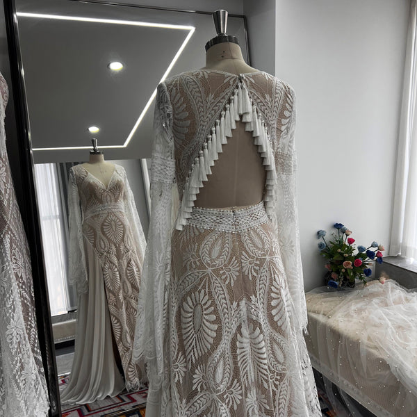 Hippie Style Lace Boho Sleeves A Line Wedding Dresses Side Slit Tassels Back Bohemian Bridal Gowns