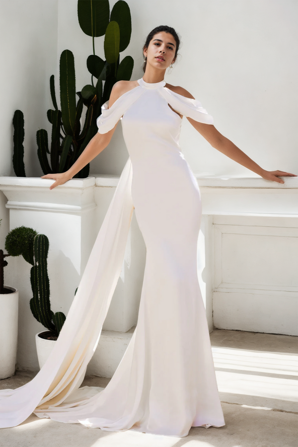 Minimalist Mermaid Stretch Bridal Gown Halter Neck Detachable Wings Multi-Wear Wedding Dress