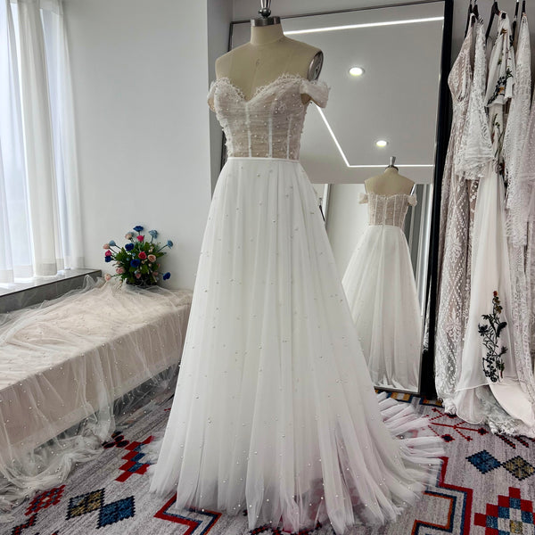 Off The Shoulder Lace Pearls Wedding Dresses A Line Bridal Gowns