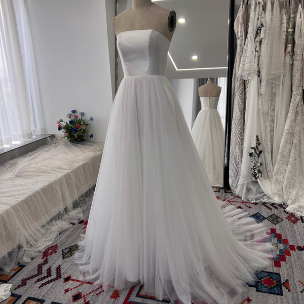 Minimalist Strapless Mikado Wedding Dresses Tulle A Line Affordable Bridal Gowns