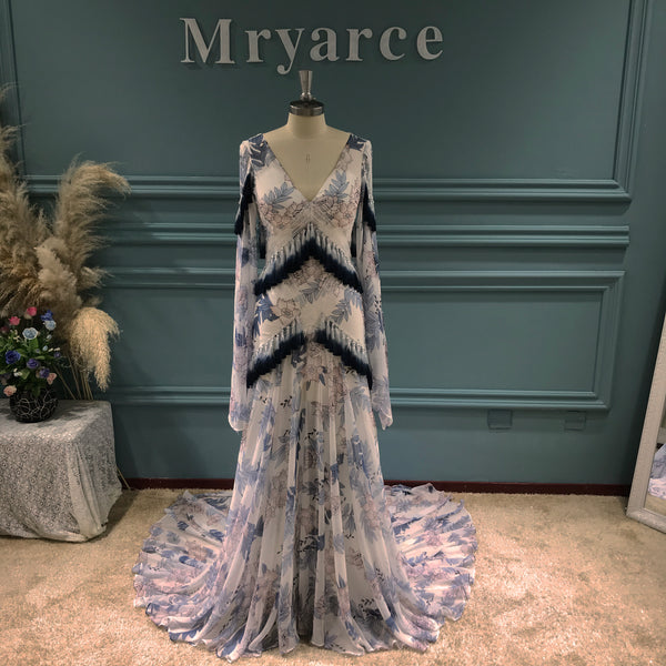 Unique Bride Boho Chic Wedding Dress Blue Floral Print Bohemian Bridal Gowns With Tassels