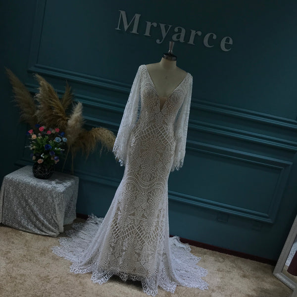 Plunging V Neck Boho Chic Cape Sleeves Lace Wedding Dress Open Back Bohemian Bridal Gowns