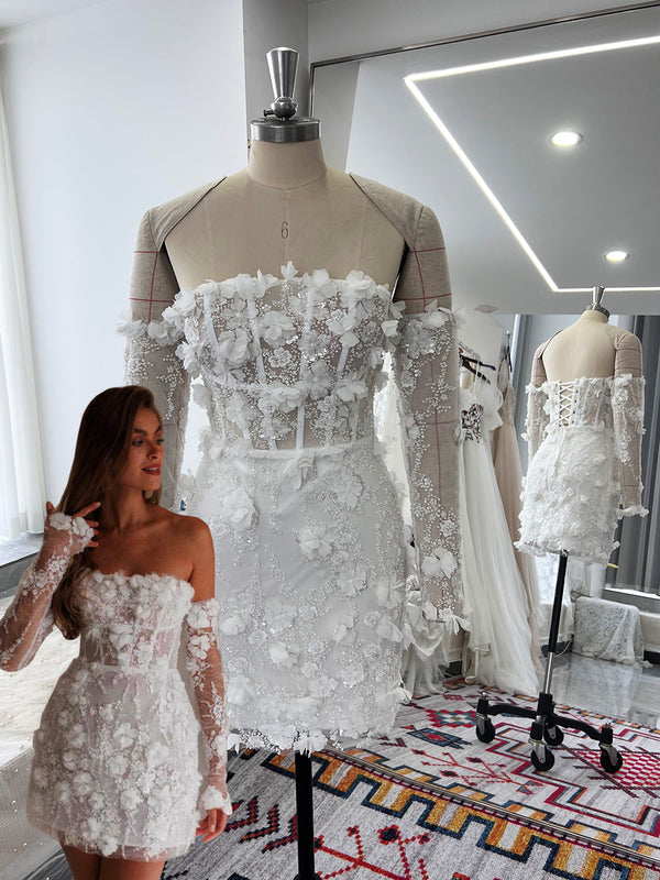 Luxury Beaded Short Wedding Dresses 3D Flowers Long Sleeves Bridal Gown Mini Dress