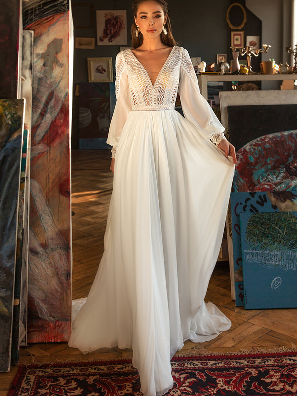 Elegant V Neck Boho Wedding Dress Puffy Sleeves Geometry Lace Chiffon Bridal Gowns