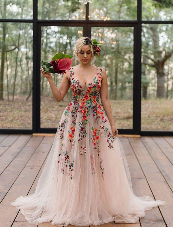 Colored Embroidery Floral Wedding Dresses Soft Tulle Champagne Bridal Gowns