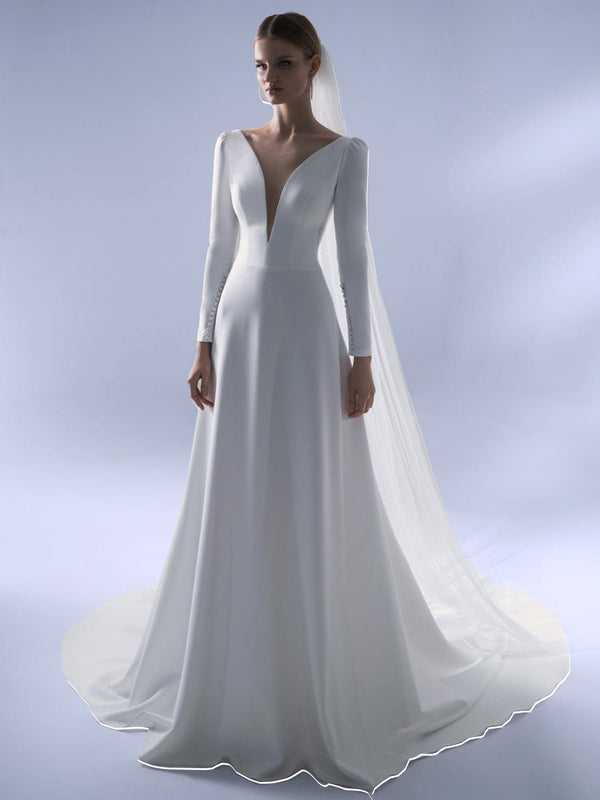 Minimalist Wedding Dress Long Sleeves Plunging V Neck Crepe Simple Bridal Gowns